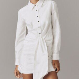 By Anthropologie Long-Sleeve Tie-Front Mini Shirt Dress White NWT